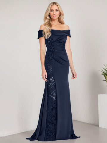 A-Line Off the Shoulder Floor-Length Mother of the Bride Dress Applique Beadings Mermaid Dress With  High Split
