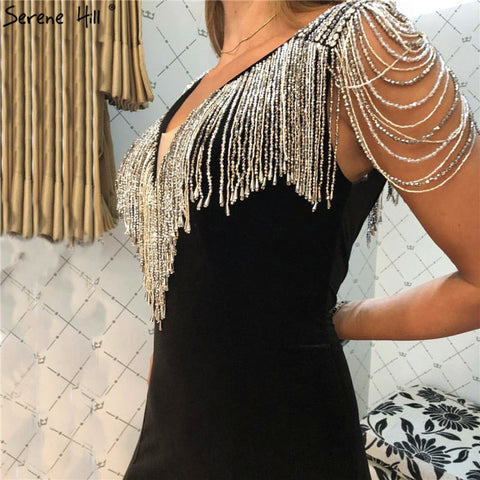 On Sale no return no refundSale Navy Blue Beading Tassel Velour Evening Dresses 2025 Dubai Deep-V Sleeveless Sexy Evening Gowns LA6351
