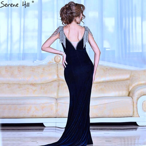 On Sale no return no refundSale Navy Blue Beading Tassel Velour Evening Dresses 2025 Dubai Deep-V Sleeveless Sexy Evening Gowns LA6351