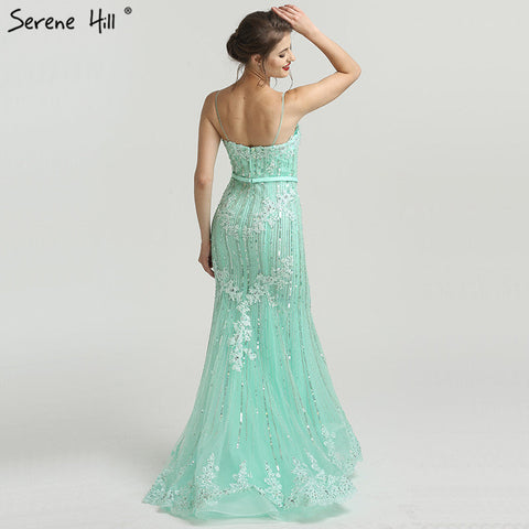 On Sale no return no refundSale Navy Blue Luxury Mermaid Lace Elegant Evening Dresses Spaghetti Strap Beaded 2025 For Women Party LA6105