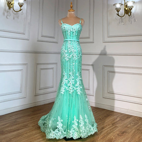 On Sale no return no refundSale Navy Blue Luxury Mermaid Lace Elegant Evening Dresses Spaghetti Strap Beaded 2025 For Women Party LA6105