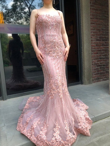 On Sale no return no refundSale Navy Blue Luxury Mermaid Lace Elegant Evening Dresses Spaghetti Strap Beaded 2025 For Women Party LA6105