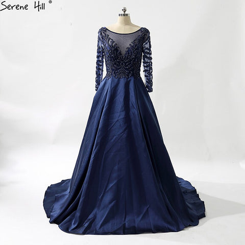 Robe de soirée bleu marine à col en V, en satin et cristal, manches longues, robe de soirée élégante, photo réelle, LA6158 