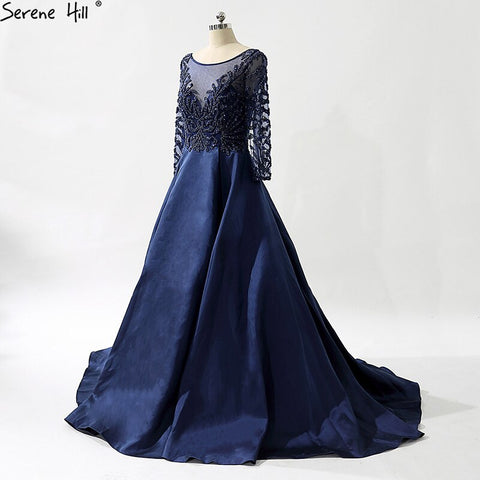 Robe de soirée bleu marine à col en V, en satin et cristal, manches longues, robe de soirée élégante, photo réelle, LA6158 