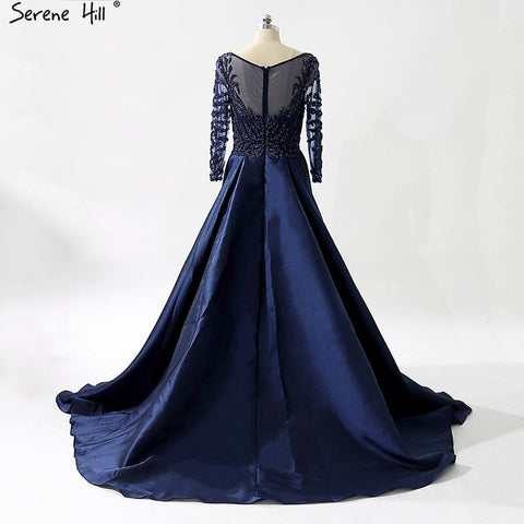 Robe de soirée bleu marine à col en V, en satin et cristal, manches longues, robe de soirée élégante, photo réelle, LA6158 