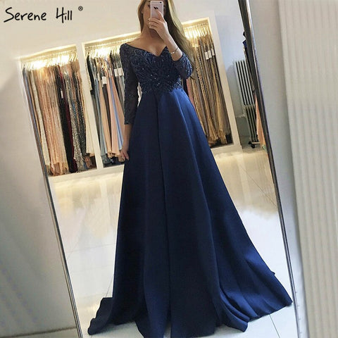 Robe de soirée bleu marine à col en V, en satin et cristal, manches longues, robe de soirée élégante, photo réelle, LA6158 