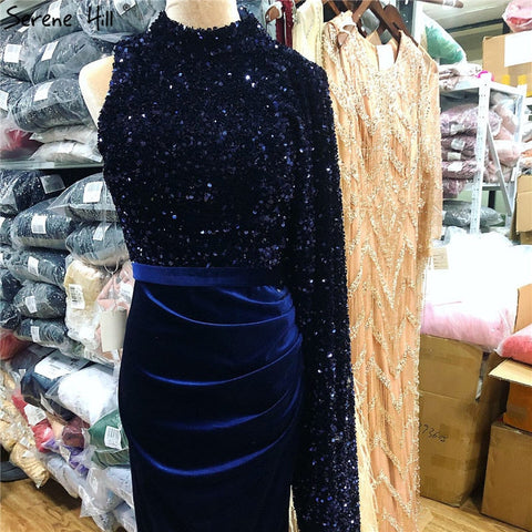 On Sale no return no refundSale Navy Blue Satin Mermaid Sexy Evening Dresses 2025 Sequins One Shoulder Bat Sleeves Formal Dress LA70347