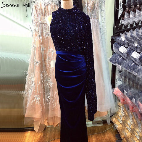 On Sale no return no refundSale Navy Blue Satin Mermaid Sexy Evening Dresses 2025 Sequins One Shoulder Bat Sleeves Formal Dress LA70347