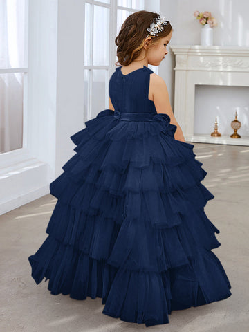 Ball-Gown/Princess Pearl Pink Sleeveless Tulle Bow Flower Girl Dress