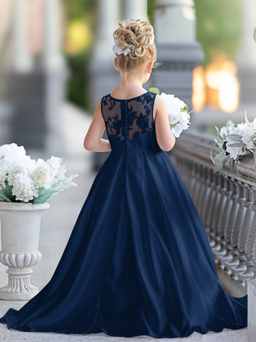 A-line Lace Satin Floor-length First Communion Flower Girl Dress