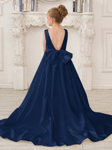 A-Line Princess Sleeveless Satin Flower Girl Dress with Sweep Train and Bow