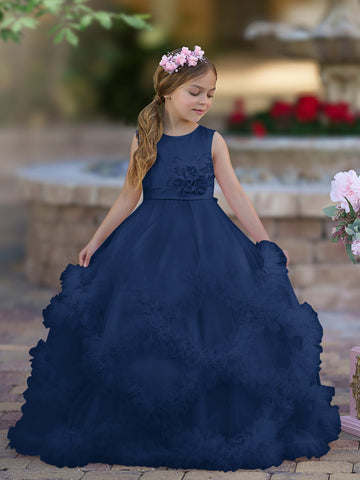 A-line Satin Tulle Floor-length Cascading Ruffles Flower Girl Dress