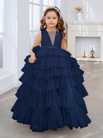 Ball-Gown/Princess Pearl Pink Sleeveless Tulle Bow Flower Girl Dress