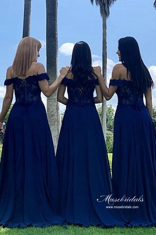 Navy Blue Chiffon A-line Off-the-Shoulder Lace Long Bridesmaid Dresses