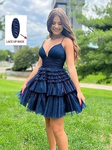 Robe de bal en tulle scintillant à bretelles et jupe à volants étagés SYH91 