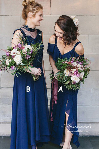 Navy Chiffon A-line V-neck Bridesmaid Dresses, Wedding Party Dress