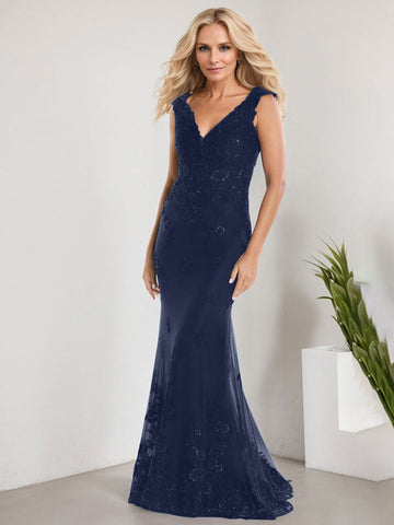 A-line V-Neck Floor-Length Lace Chiffon Mother of the Bride Dress With Applique Sequins Mermaid Dresses
