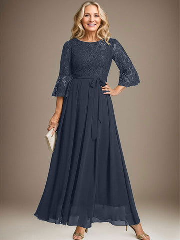 A-line Scoop Ankle-Length Lace Chiffon Mother of the Bride Dress With Bow