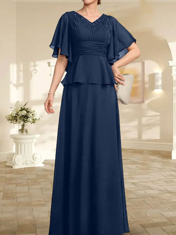 A-line V-Neck Floor-Length Chiffon Mother of the Bride Dress With Pleated Beading