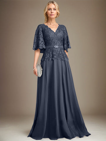 A-line V-Neck Floor-Length Chiffon Lace Mother of the Bride Dress With Crystal Brooch Rhinestone