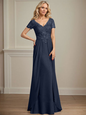 A-line V-Neck Floor-Length Chiffon Lace Mother of the Bride Dress