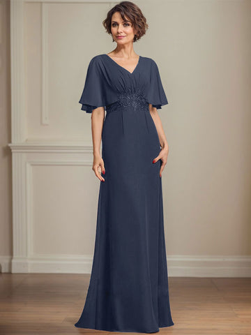A-line V-Neck Floor-Length Chiffon Mother of the Bride Dress With Pleated Sequins Appliques Lace