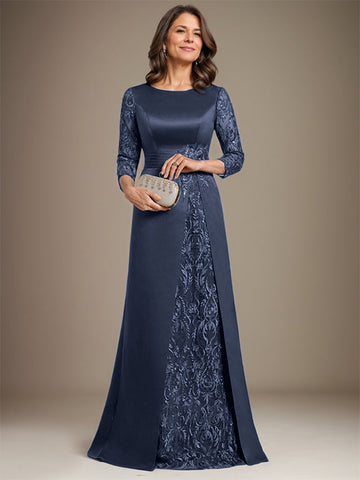 A-Line Scoop Floor-Length Lace Satin Mother Of the Bride Dress With Applique