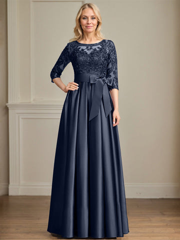 A-line Scoop Illusion Floor-Length Satin Lace Mother of the Bride Dress With Sequins Bow