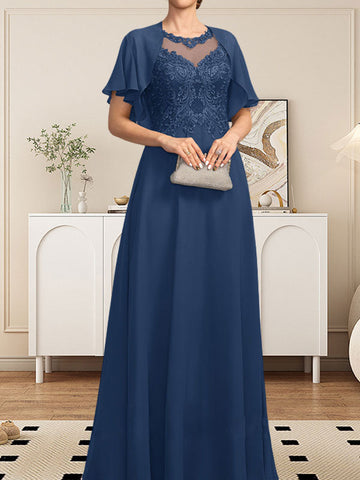 A-line Scoop Illusion Floor-Length Lace Chiffon Mother of the Bride Dress With Sequins