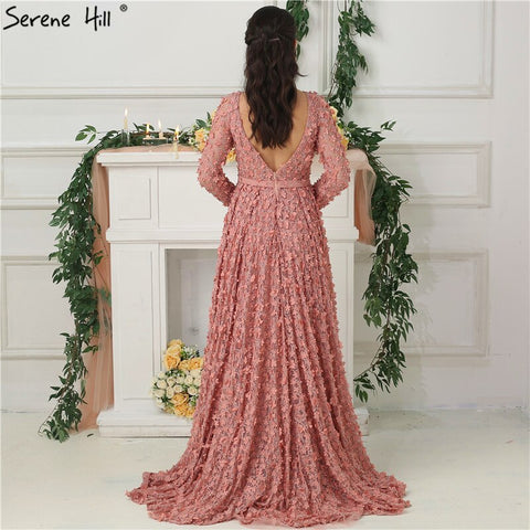 New Blush Pink Long Sleeves Evening Dresses 2025 A-Line Handmade Flowers Pearls Fashion Evening Gowns Real Photo LA6650
