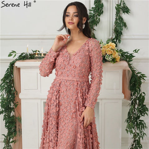 New Blush Pink Long Sleeves Evening Dresses 2025 A-Line Handmade Flowers Pearls Fashion Evening Gowns Real Photo LA6650