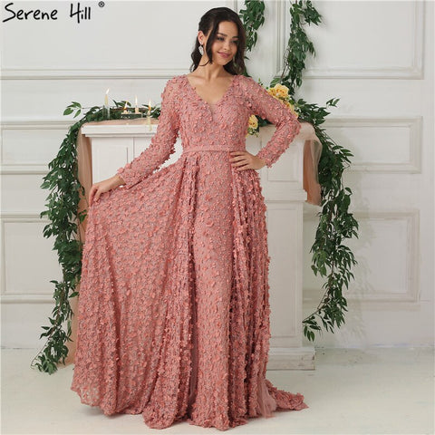 New Blush Pink Long Sleeves Evening Dresses 2025 A-Line Handmade Flowers Pearls Fashion Evening Gowns Real Photo LA6650