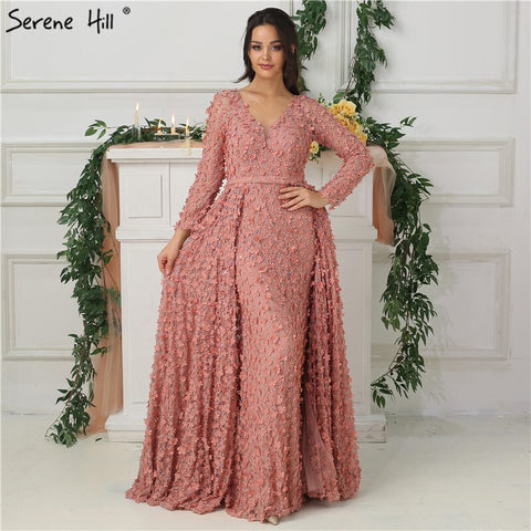 New Blush Pink Long Sleeves Evening Dresses 2025 A-Line Handmade Flowers Pearls Fashion Evening Gowns Real Photo LA6650