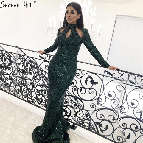 Robe de soirée sexy verte à col haut et manches longues pailletées, luxueuse et tendance, idéale pour les fêtes, modèle LA6314, collection 2025 