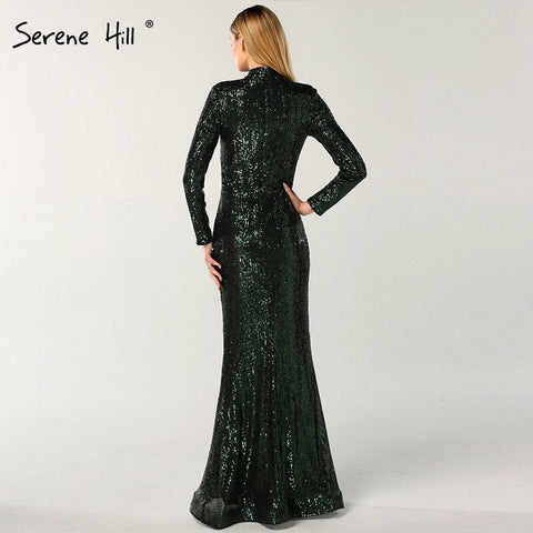 Robe de soirée sexy verte à col haut et manches longues pailletées, luxueuse et tendance, idéale pour les fêtes, modèle LA6314, collection 2025 