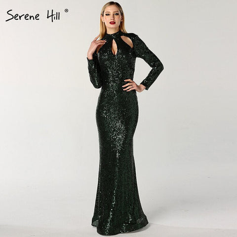 Robe de soirée sexy verte à col haut et manches longues pailletées, luxueuse et tendance, idéale pour les fêtes, modèle LA6314, collection 2025 
