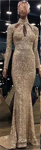 Robe de soirée sexy verte à col haut et manches longues pailletées, luxueuse et tendance, idéale pour les fêtes, modèle LA6314, collection 2025 