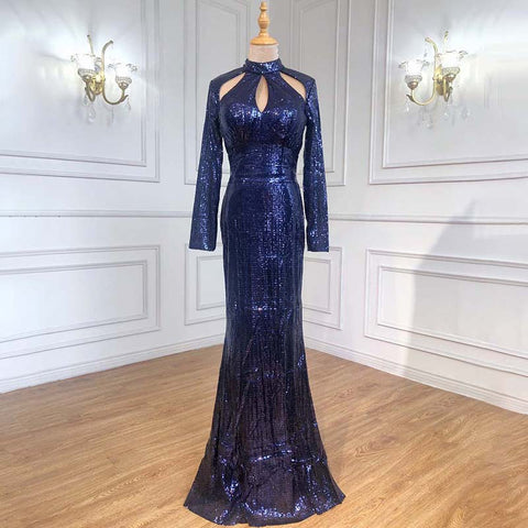 Robe de soirée sexy verte à col haut et manches longues pailletées, luxueuse et tendance, idéale pour les fêtes, modèle LA6314, collection 2025 