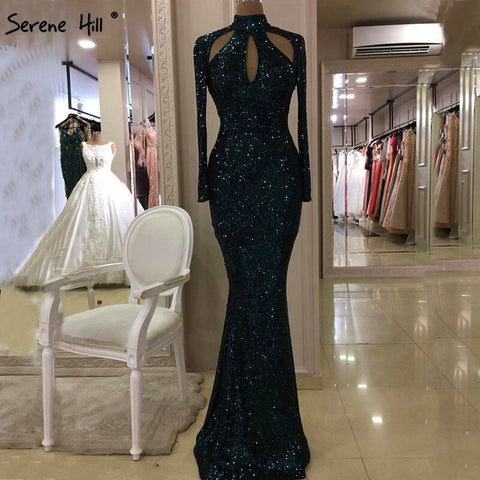 Robe de soirée sexy verte à col haut et manches longues pailletées, luxueuse et tendance, idéale pour les fêtes, modèle LA6314, collection 2025 