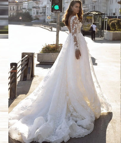 New Long Sleeves Vestidos De Novia Appliques Vestido De Noiva V-Neck Backless Wedding Dresses Lace Robe De Mariée