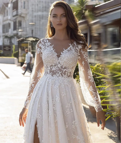 New Long Sleeves Vestidos De Novia Appliques Vestido De Noiva V-Neck Backless Wedding Dresses Lace Robe De Mariée