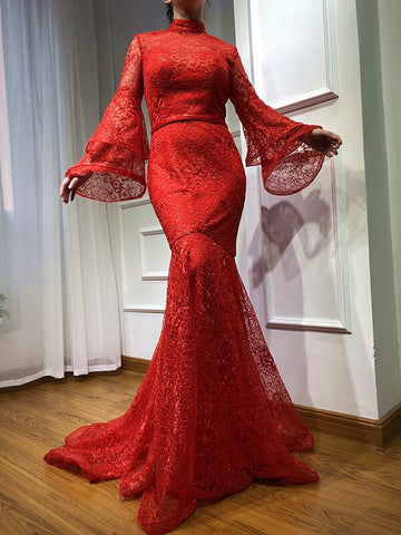 On Sale no return no refund Sale  Mermaid High Collar Fashion Evening Dresses 2025 Long Sleeves Lace Sexy Formal Evening Gowns LA6555