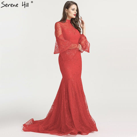 On Sale no return no refund Sale  Mermaid High Collar Fashion Evening Dresses 2025 Long Sleeves Lace Sexy Formal Evening Gowns LA6555