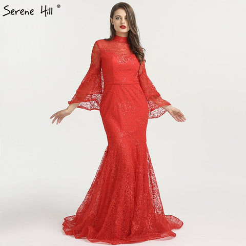 On Sale no return no refund Sale  Mermaid High Collar Fashion Evening Dresses 2025 Long Sleeves Lace Sexy Formal Evening Gowns LA6555