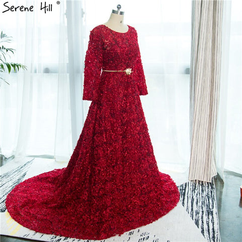 Robe de soirée rouge vin à col rond et manches longues en tulle, style vintage, avec petites fleurs, à la mode, 2025, HA2140 