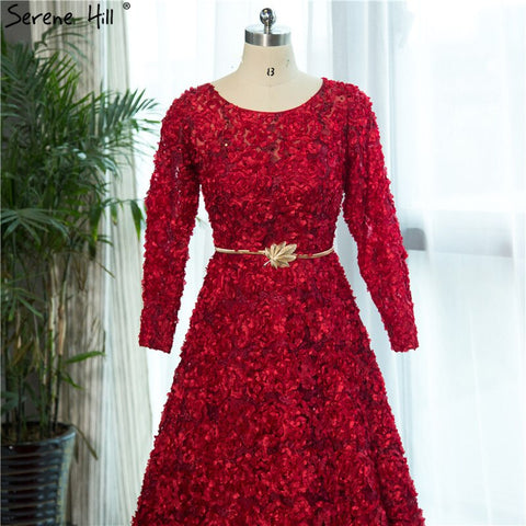 Robe de soirée rouge vin à col rond et manches longues en tulle, style vintage, avec petites fleurs, à la mode, 2025, HA2140 
