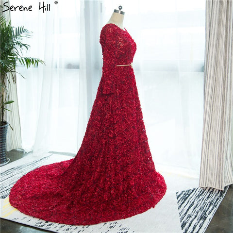 Robe de soirée rouge vin à col rond et manches longues en tulle, style vintage, avec petites fleurs, à la mode, 2025, HA2140 