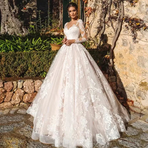 Newest Ball Gown Wedding Dress Elegant Long Sleeve Robe De Mariee Illusion Back Trouwjurk O-Neck Gorgeous vestidos de novia