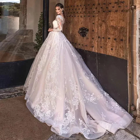 Newest Ball Gown Wedding Dress Elegant Long Sleeve Robe De Mariee Illusion Back Trouwjurk O-Neck Gorgeous vestidos de novia