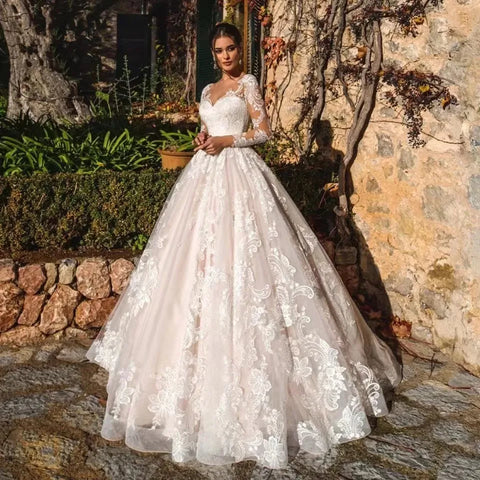 Newest Ball Gown Wedding Dress Elegant Long Sleeve Robe De Mariee Illusion Back Trouwjurk O-Neck Gorgeous vestidos de novia